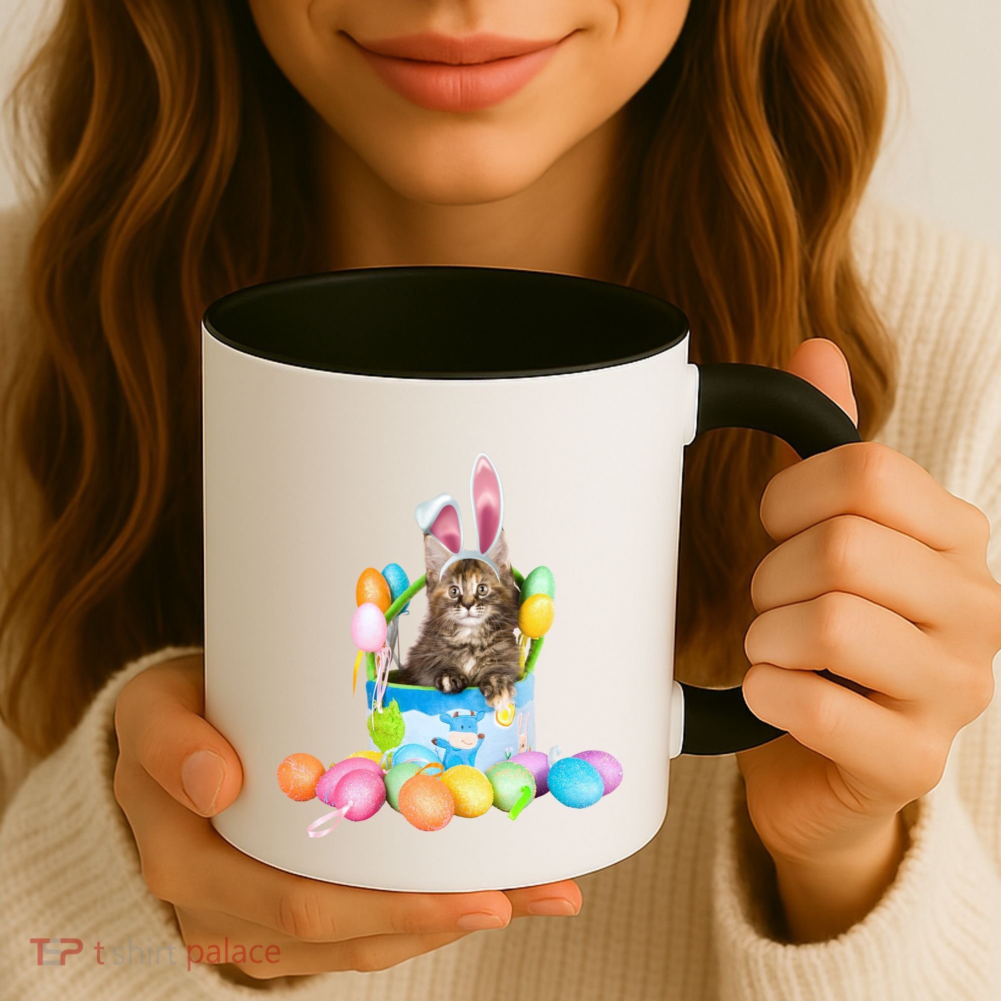 Happy Easter Cute Bunny Cat Eggs Basket Maine Coon Kitten Coffee Mug