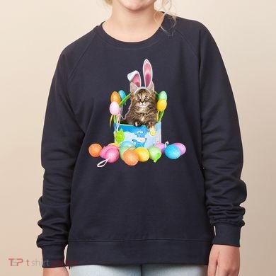 Happy Easter Cute Bunny Cat Eggs Basket Maine Coon Kitten Women's Sweatshirt