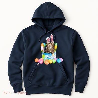 Happy Easter Cute Bunny Cat Eggs Basket Maine Coon Kitten Hoodie
