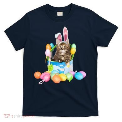 Happy Easter Cute Bunny Cat Eggs Basket Maine Coon Kitten T-Shirt