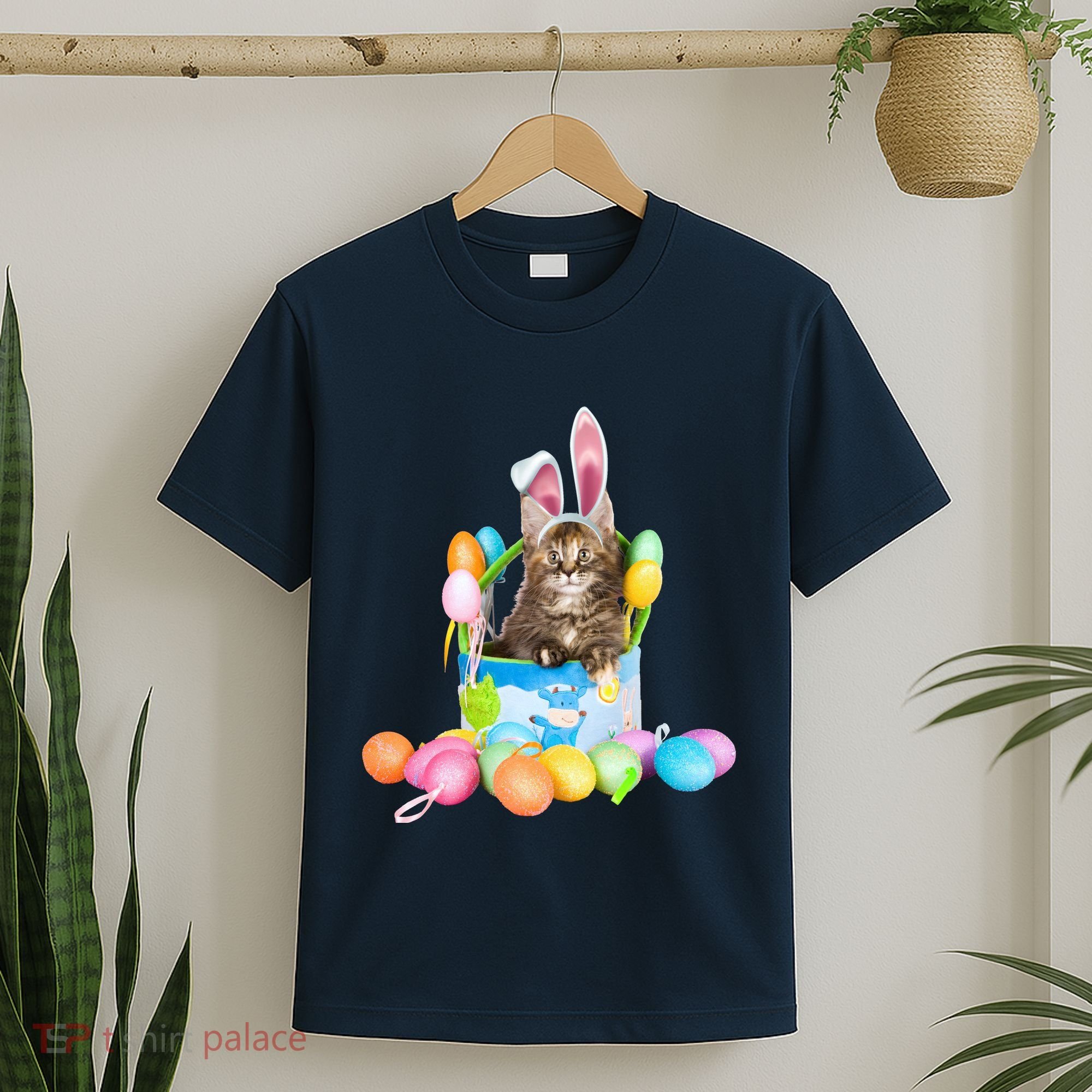 Happy Easter Cute Bunny Cat Eggs Basket Maine Coon Kitten T-Shirt