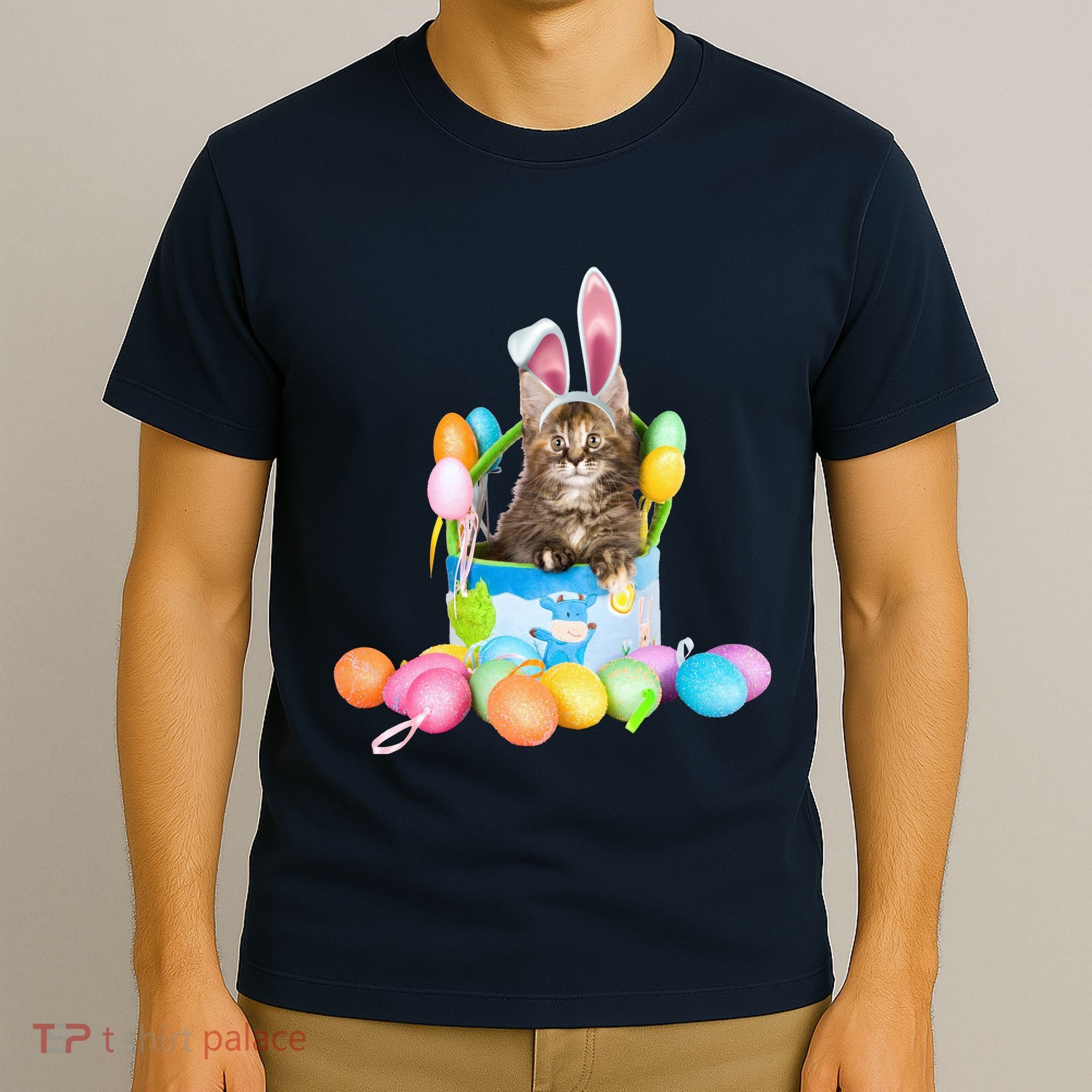 Happy Easter Cute Bunny Cat Eggs Basket Maine Coon Kitten T-Shirt