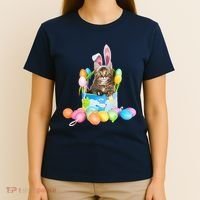 Happy Easter Cute Bunny Cat Eggs Basket Maine Coon Kitten T-Shirt thumb 4