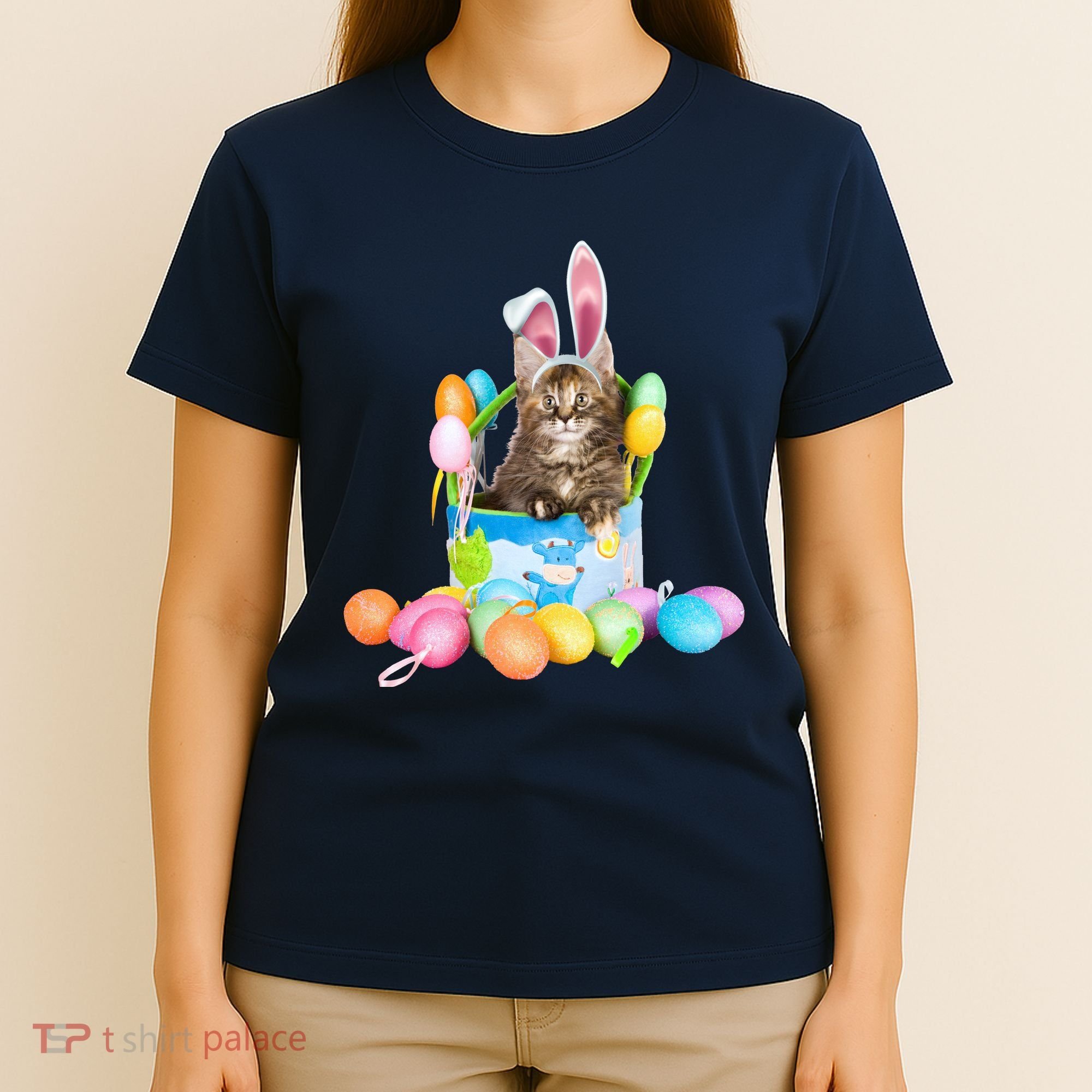 Happy Easter Cute Bunny Cat Eggs Basket Maine Coon Kitten T-Shirt