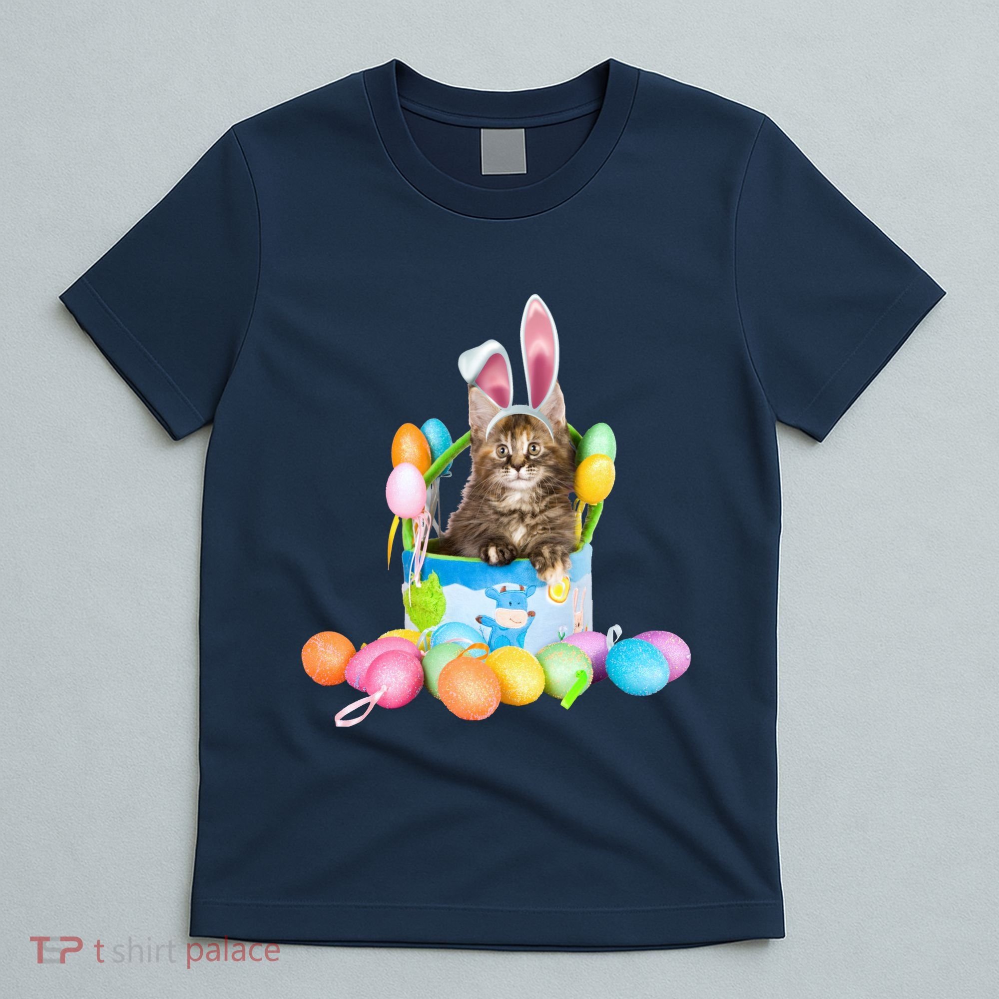 Happy Easter Cute Bunny Cat Eggs Basket Maine Coon Kitten T-Shirt