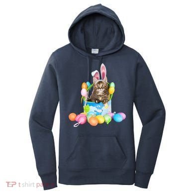 Happy Easter Cute Bunny Cat Eggs Basket Maine Coon Kitten Women's Hoodie
