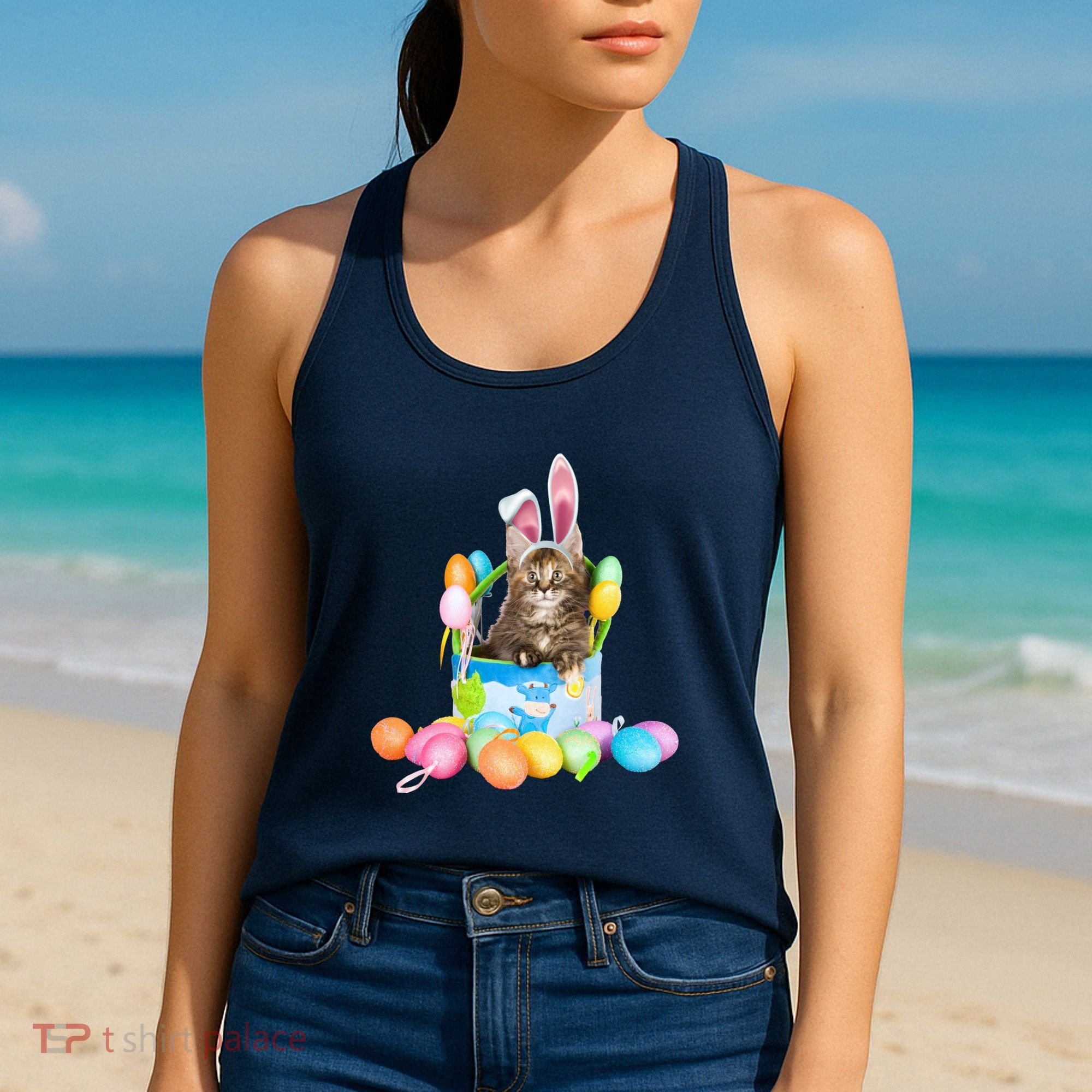 Happy Easter Cute Bunny Cat Eggs Basket Maine Coon Kitten Women's Tank Top