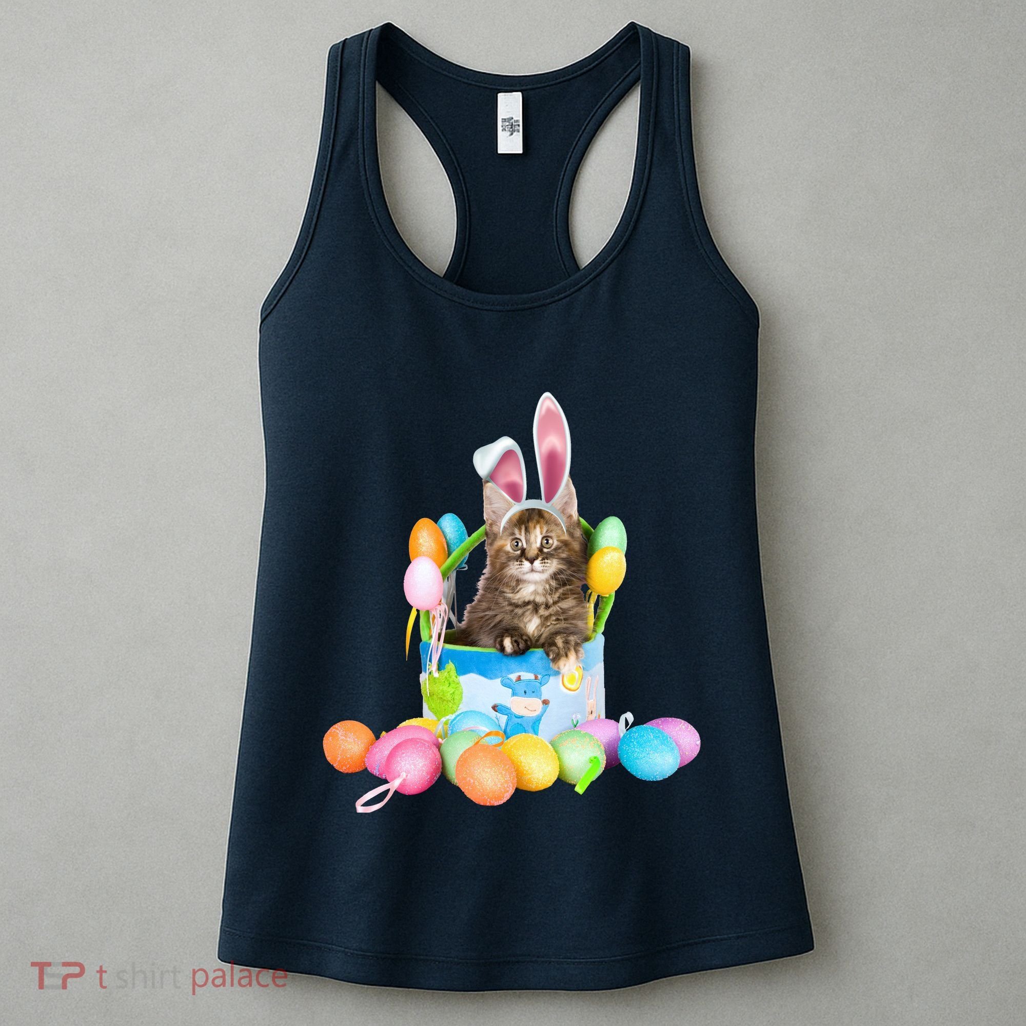 Happy Easter Cute Bunny Cat Eggs Basket Maine Coon Kitten Women's Tank Top