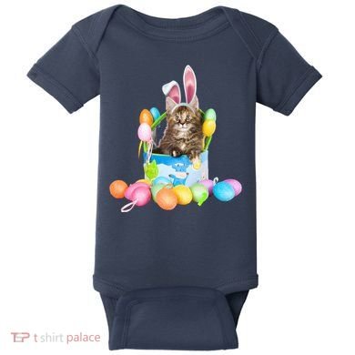 Happy Easter Cute Bunny Cat Eggs Basket Maine Coon Kitten Baby Bodysuit