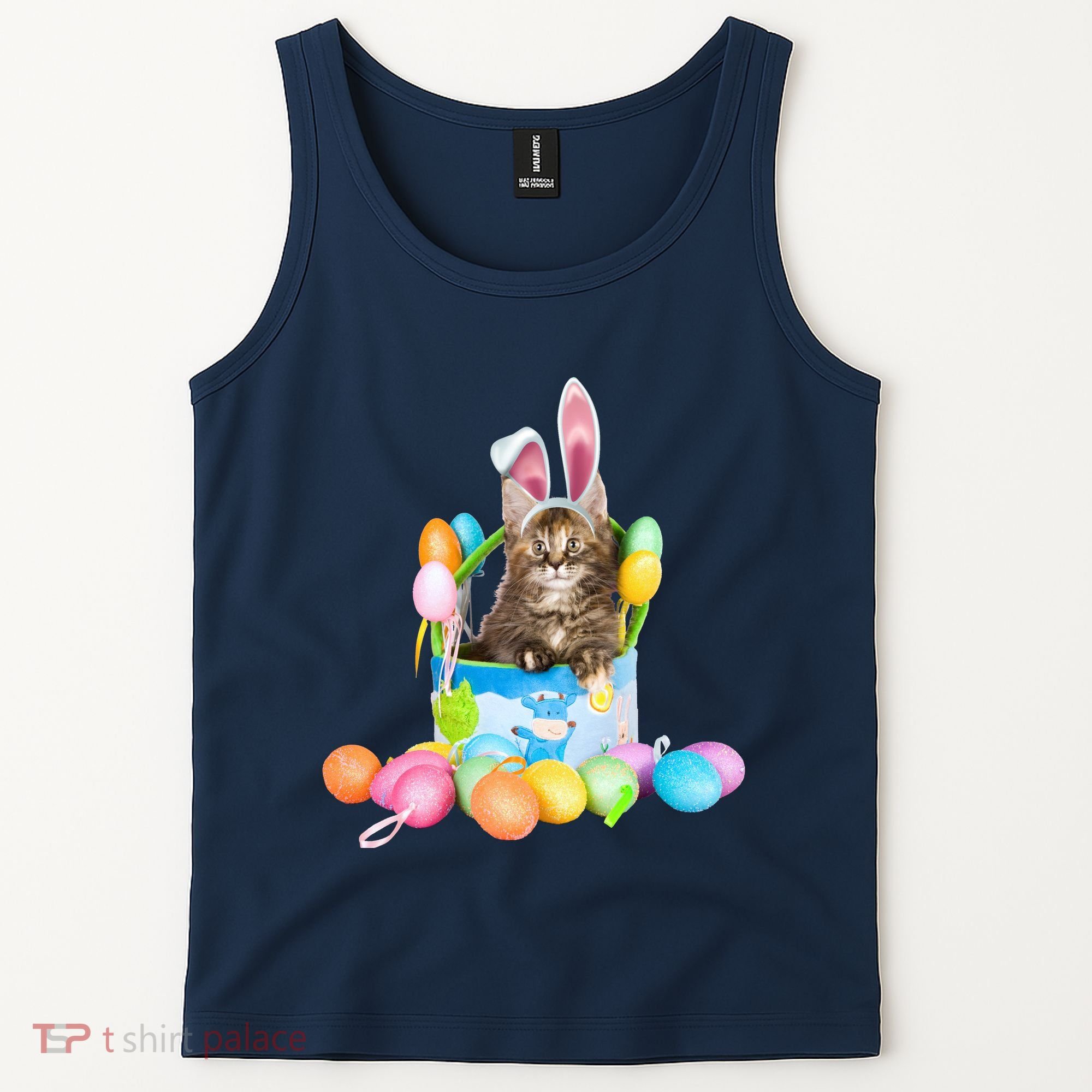 Happy Easter Cute Bunny Cat Eggs Basket Maine Coon Kitten Tank Top