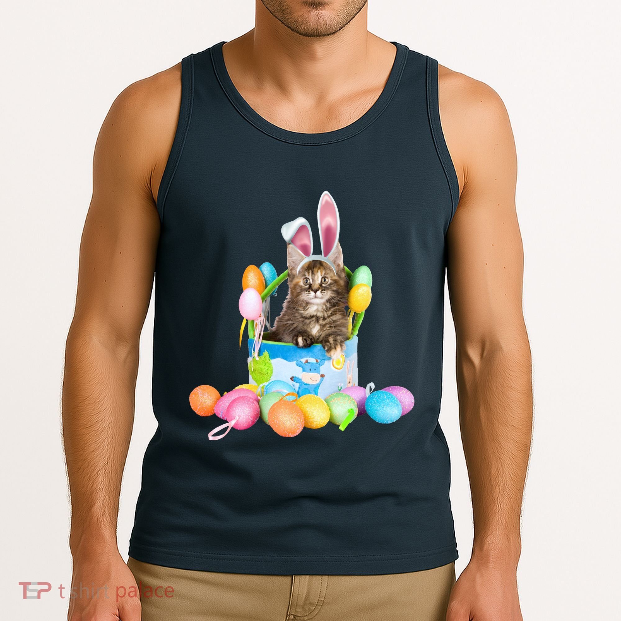 Happy Easter Cute Bunny Cat Eggs Basket Maine Coon Kitten Tank Top