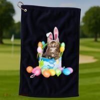 Happy Easter Cute Bunny Cat Eggs Basket Maine Coon Kitten Golf Towel thumb 1