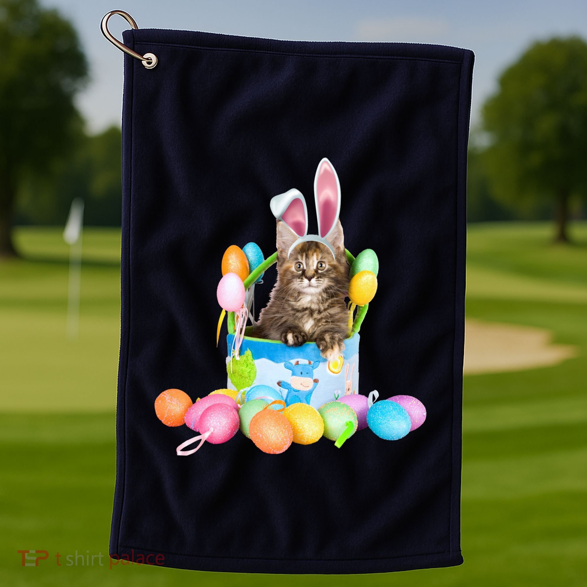 Happy Easter Cute Bunny Cat Eggs Basket Maine Coon Kitten Golf Towel