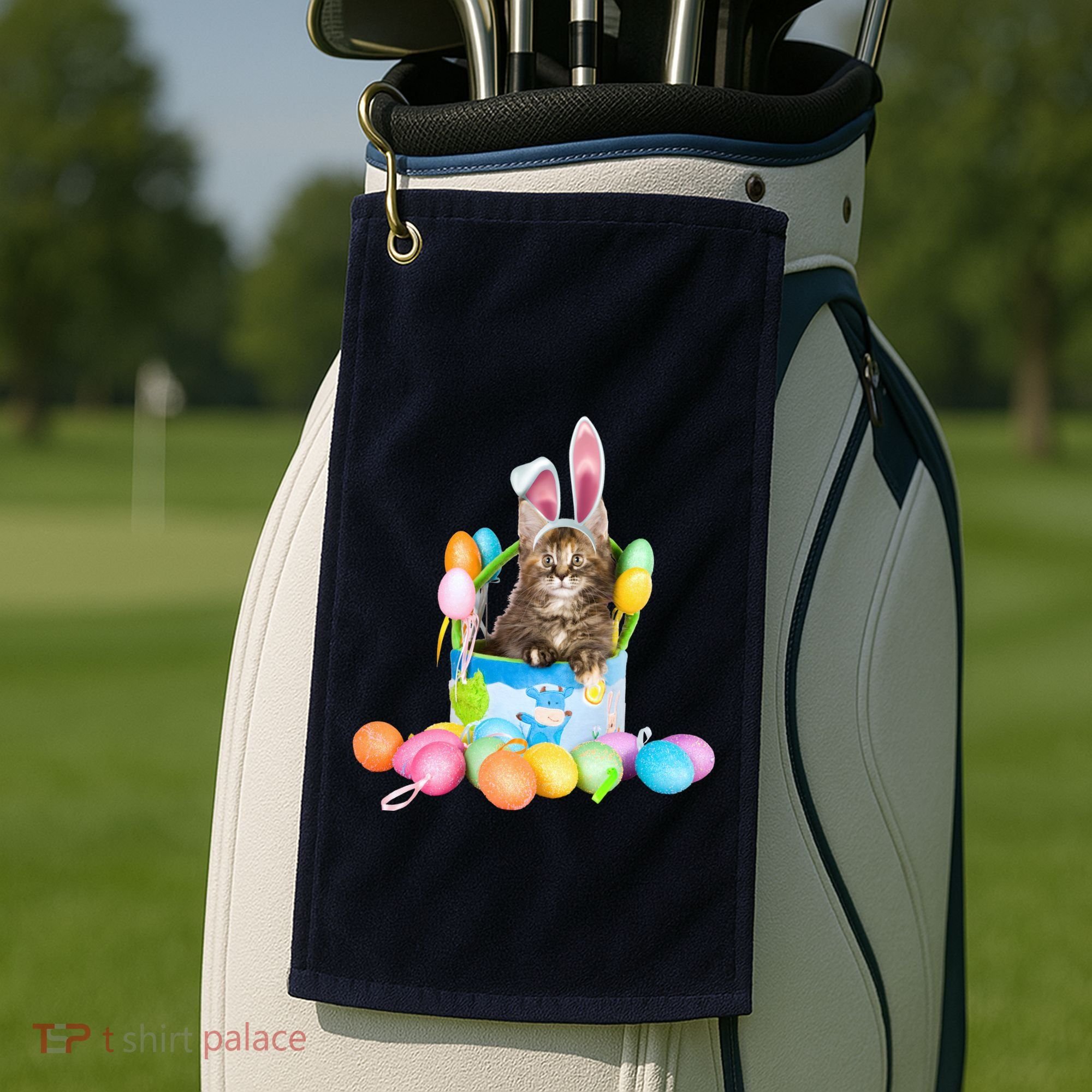 Happy Easter Cute Bunny Cat Eggs Basket Maine Coon Kitten Golf Towel