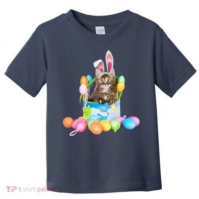 Happy Easter Cute Bunny Cat Eggs Basket Maine Coon Kitten Toddler T-Shirt