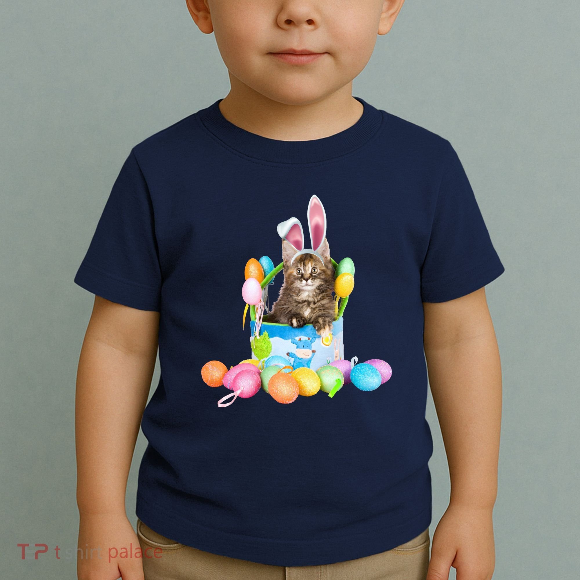 Happy Easter Cute Bunny Cat Eggs Basket Maine Coon Kitten Toddler T-Shirt