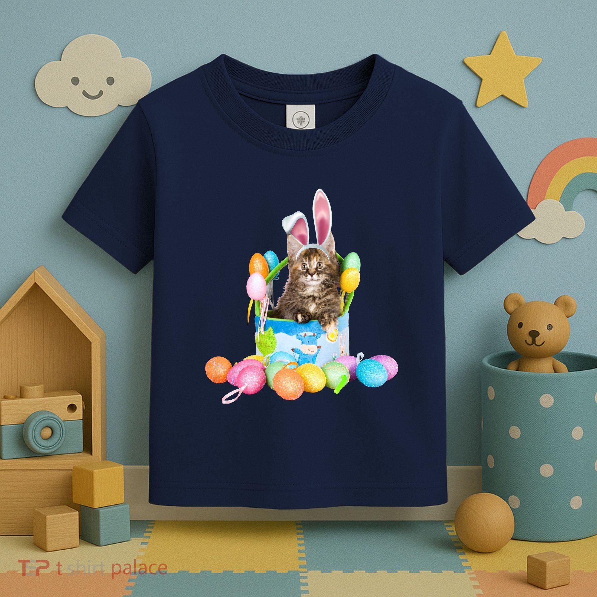 Happy Easter Cute Bunny Cat Eggs Basket Maine Coon Kitten Toddler T-Shirt