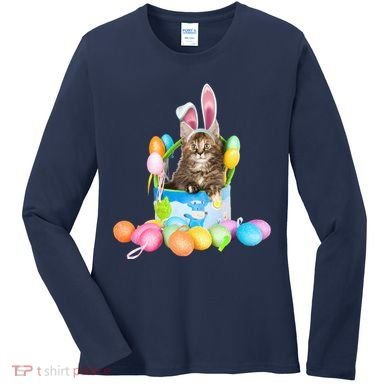 Happy Easter Cute Bunny Cat Eggs Basket Maine Coon Kitten Women's Long Sleeve Shirt