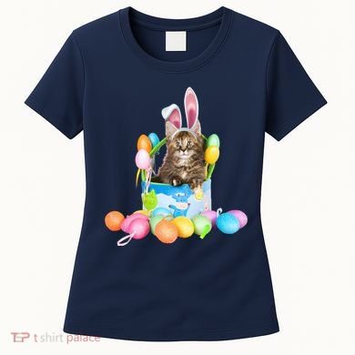 Happy Easter Cute Bunny Cat Eggs Basket Maine Coon Kitten Women's T-Shirt