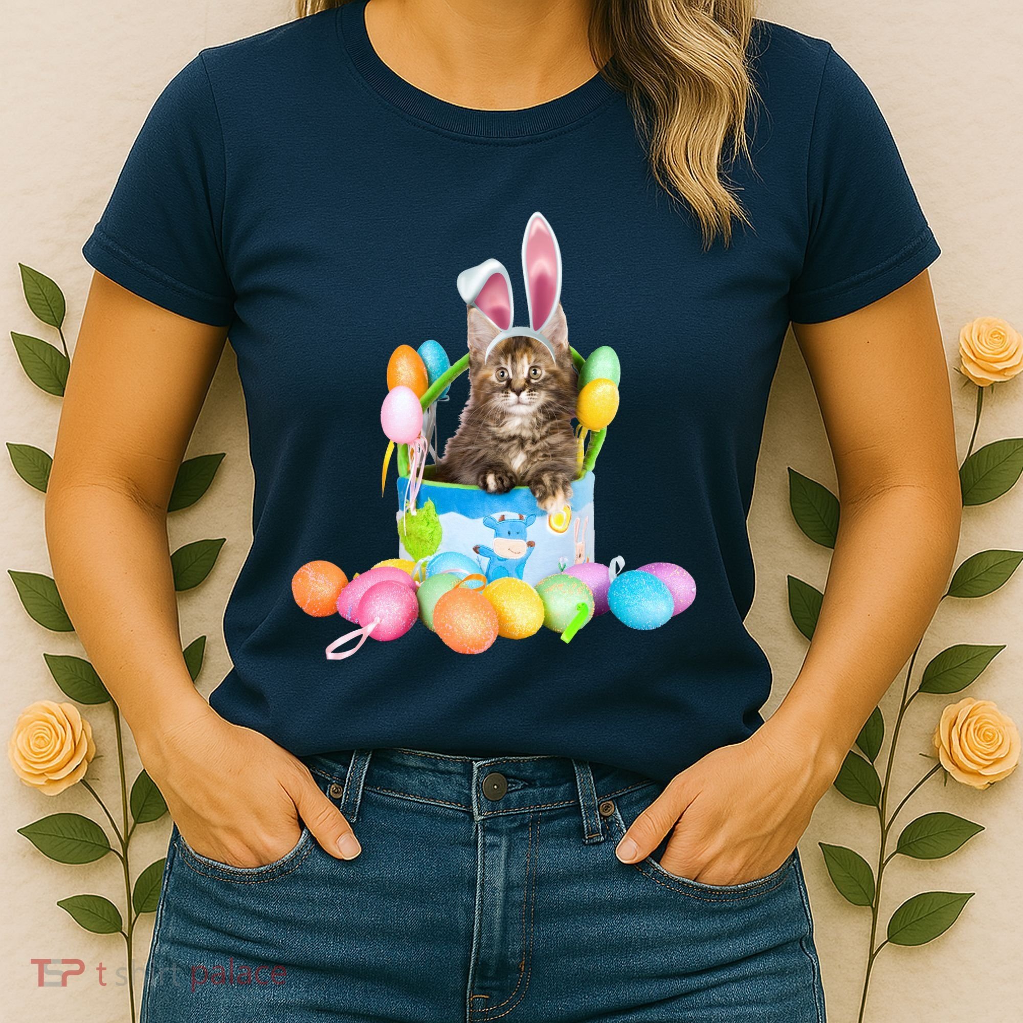 Happy Easter Cute Bunny Cat Eggs Basket Maine Coon Kitten Women's T-Shirt