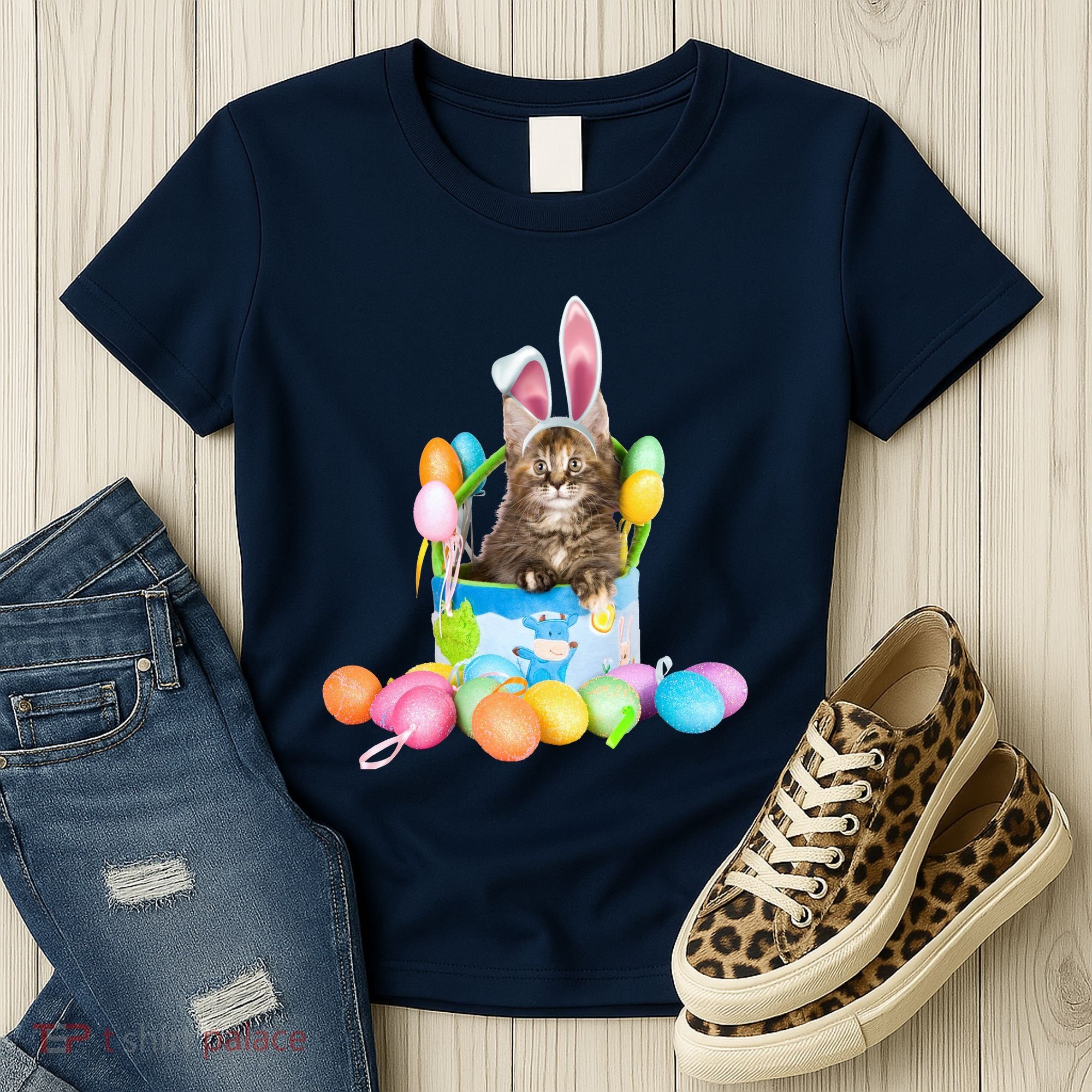 Happy Easter Cute Bunny Cat Eggs Basket Maine Coon Kitten Women's T-Shirt