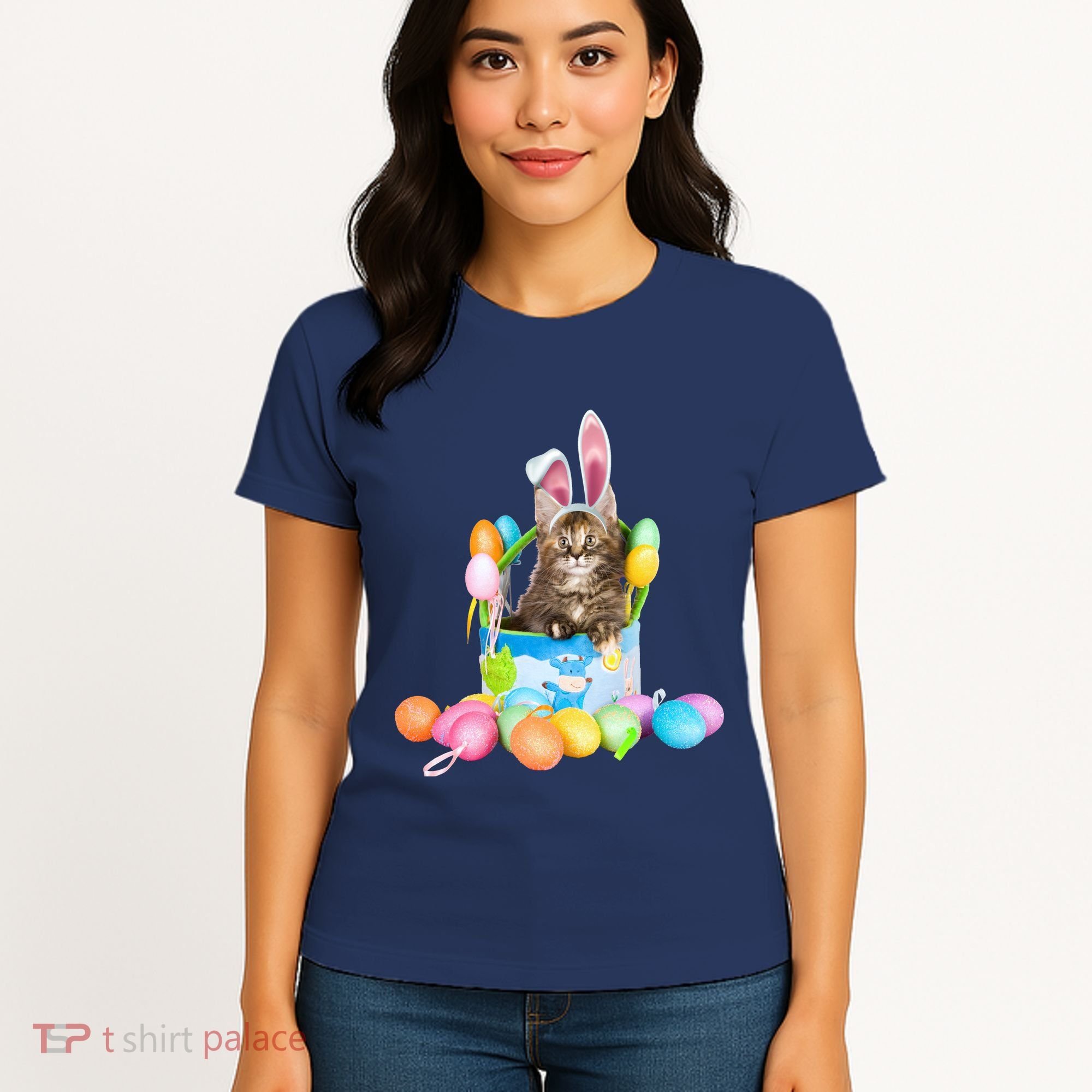 Happy Easter Cute Bunny Cat Eggs Basket Maine Coon Kitten Women's T-Shirt