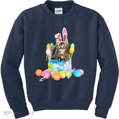 Happy Easter Cute Bunny Cat Eggs Basket Maine Coon Kitten Kids Sweatshirt
