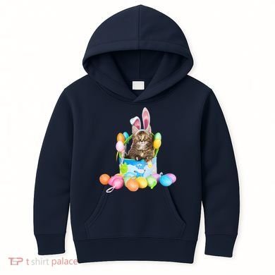 Happy Easter Cute Bunny Cat Eggs Basket Maine Coon Kitten Kids Hoodie