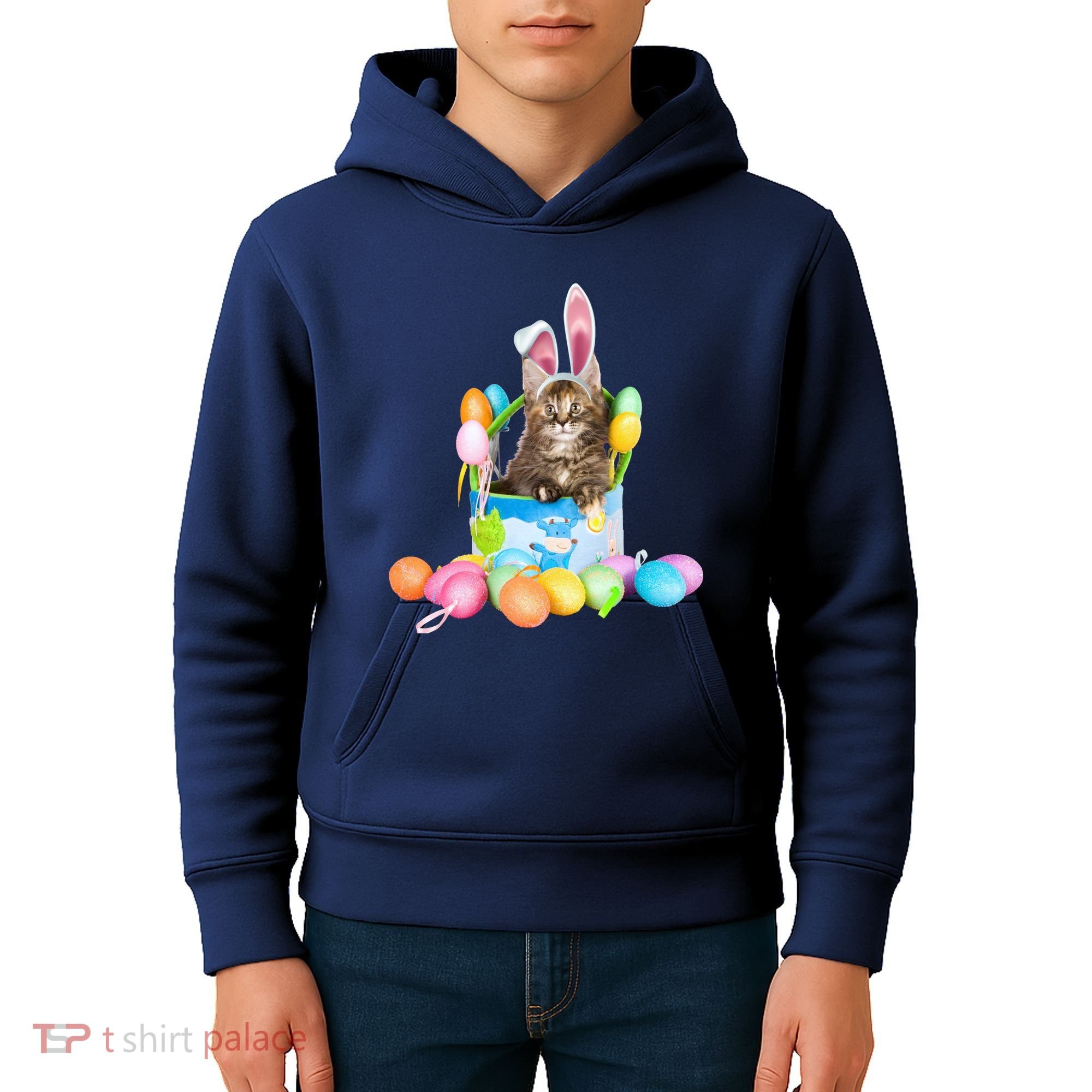 Happy Easter Cute Bunny Cat Eggs Basket Maine Coon Kitten Kids Hoodie