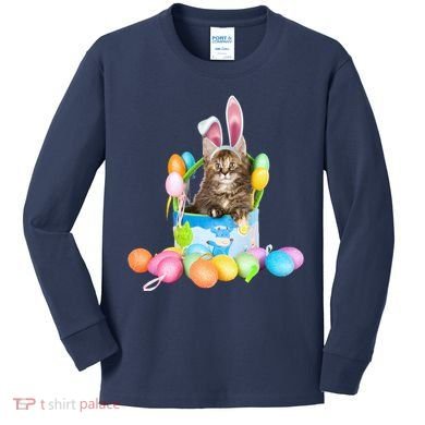 Happy Easter Cute Bunny Cat Eggs Basket Maine Coon Kitten Kids Long Sleeve Shirt