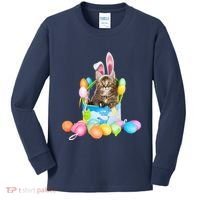 Happy Easter Cute Bunny Cat Eggs Basket Maine Coon Kitten Kids Long Sleeve Shirt thumb 0