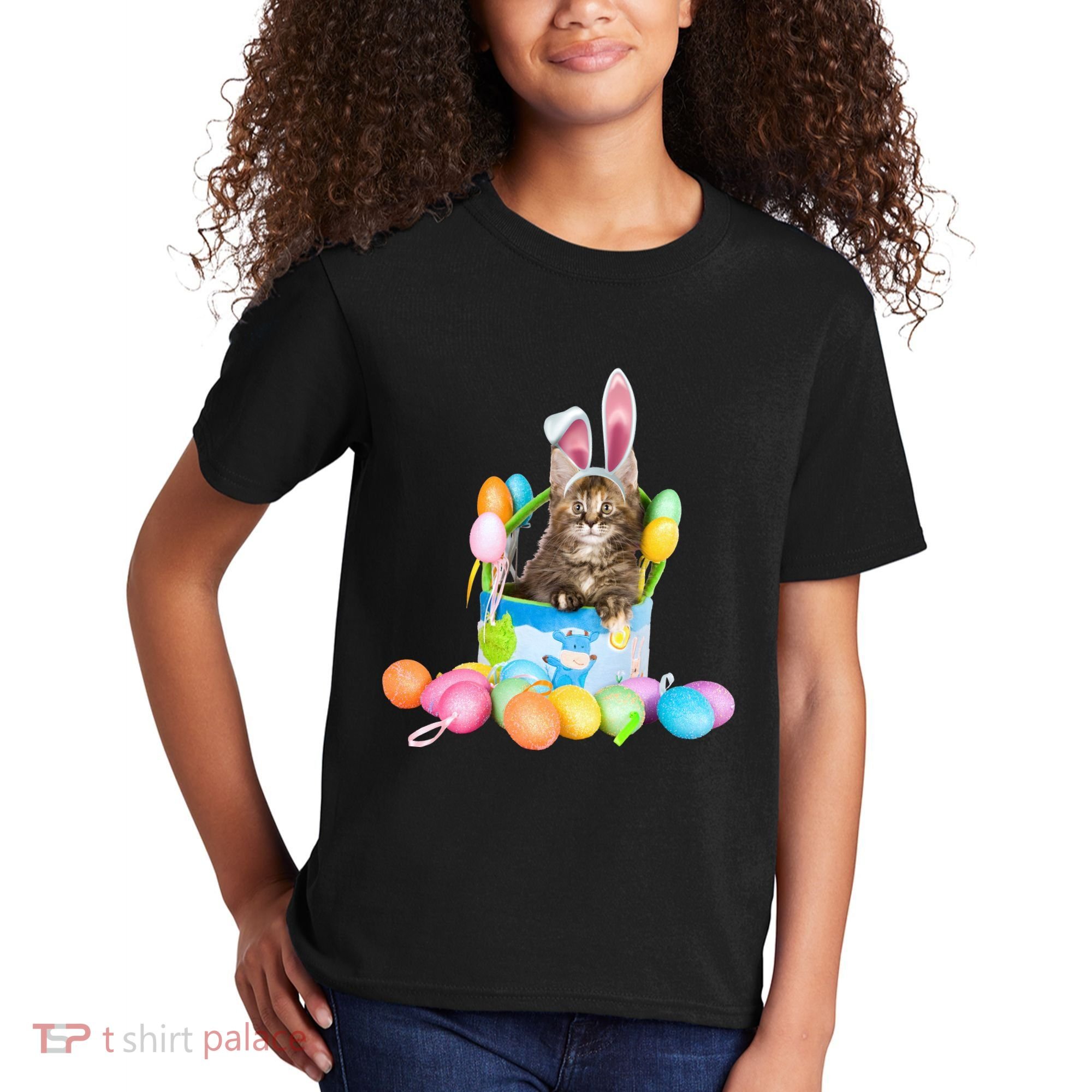 Happy Easter Cute Bunny Cat Eggs Basket Maine Coon Kitten Kids T-Shirt