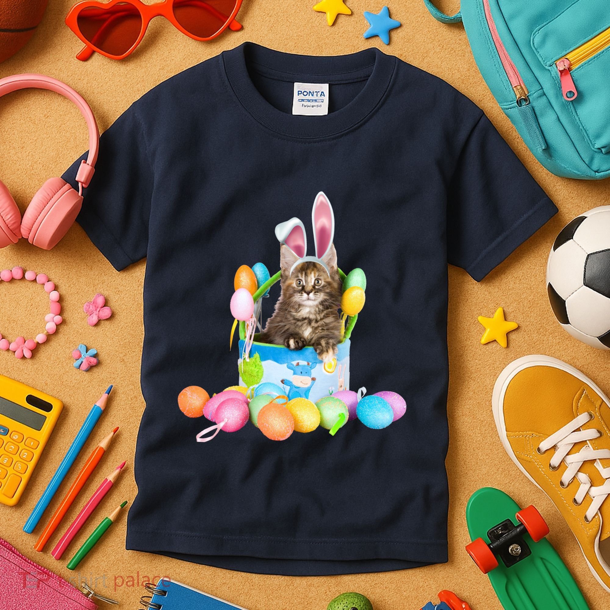 Happy Easter Cute Bunny Cat Eggs Basket Maine Coon Kitten Kids T-Shirt
