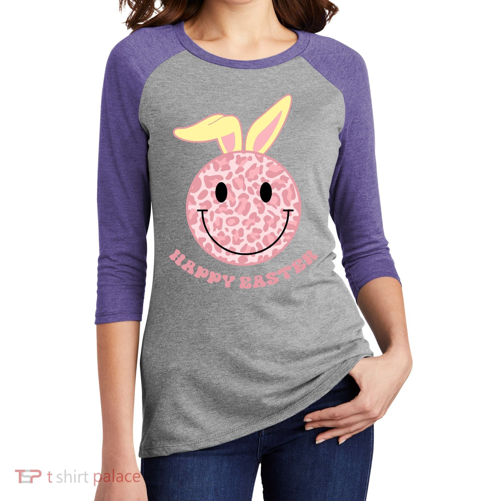 Happy Easter Cute Smile Face Pink Patterns Women's Tri-Blend 3/4-Sleeve Raglan Shirt
