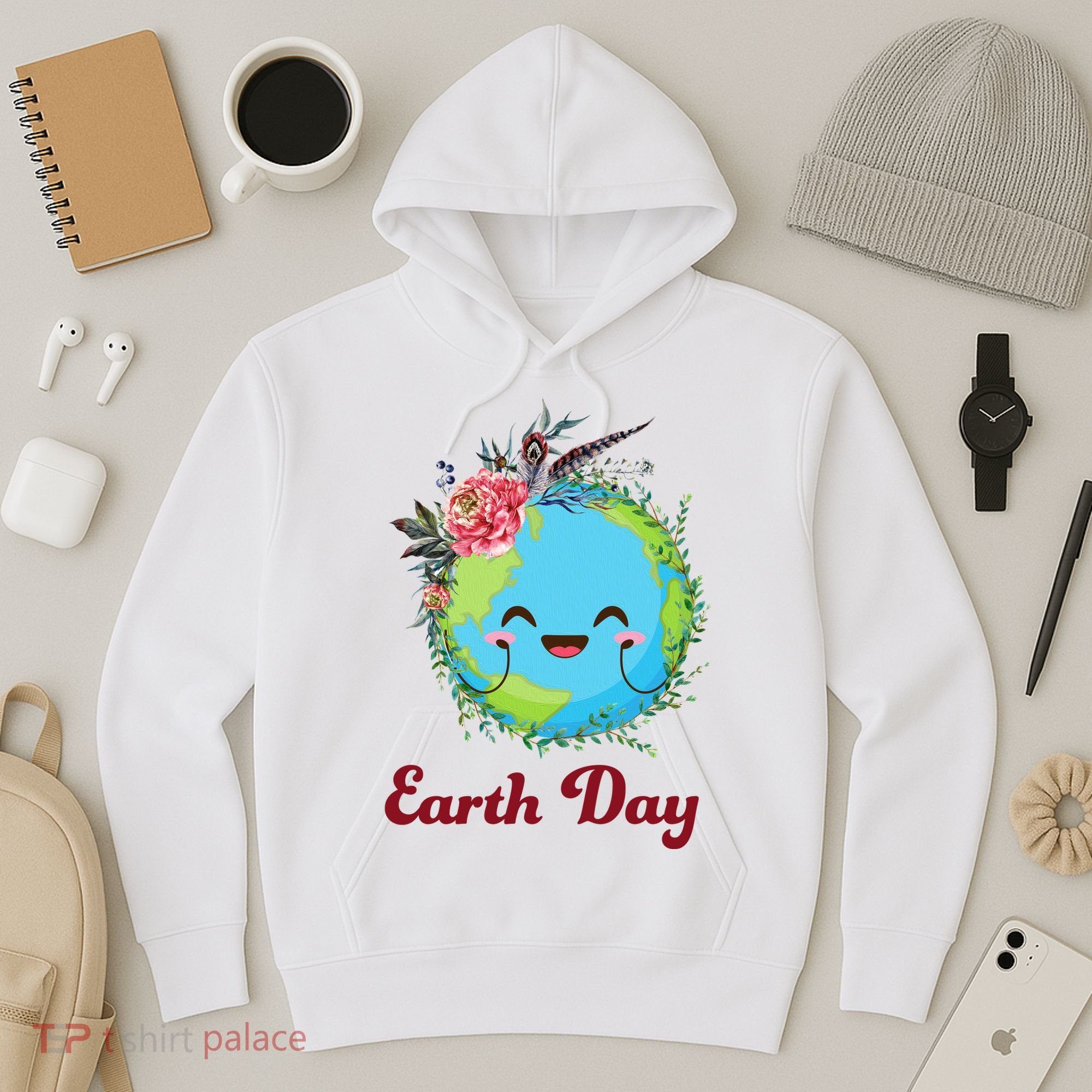 Happy Earth Day Cute Earth With Floral Wreath Hoodie