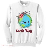 Happy Earth Day Cute Earth With Floral Wreath Sweatshirt thumb 0