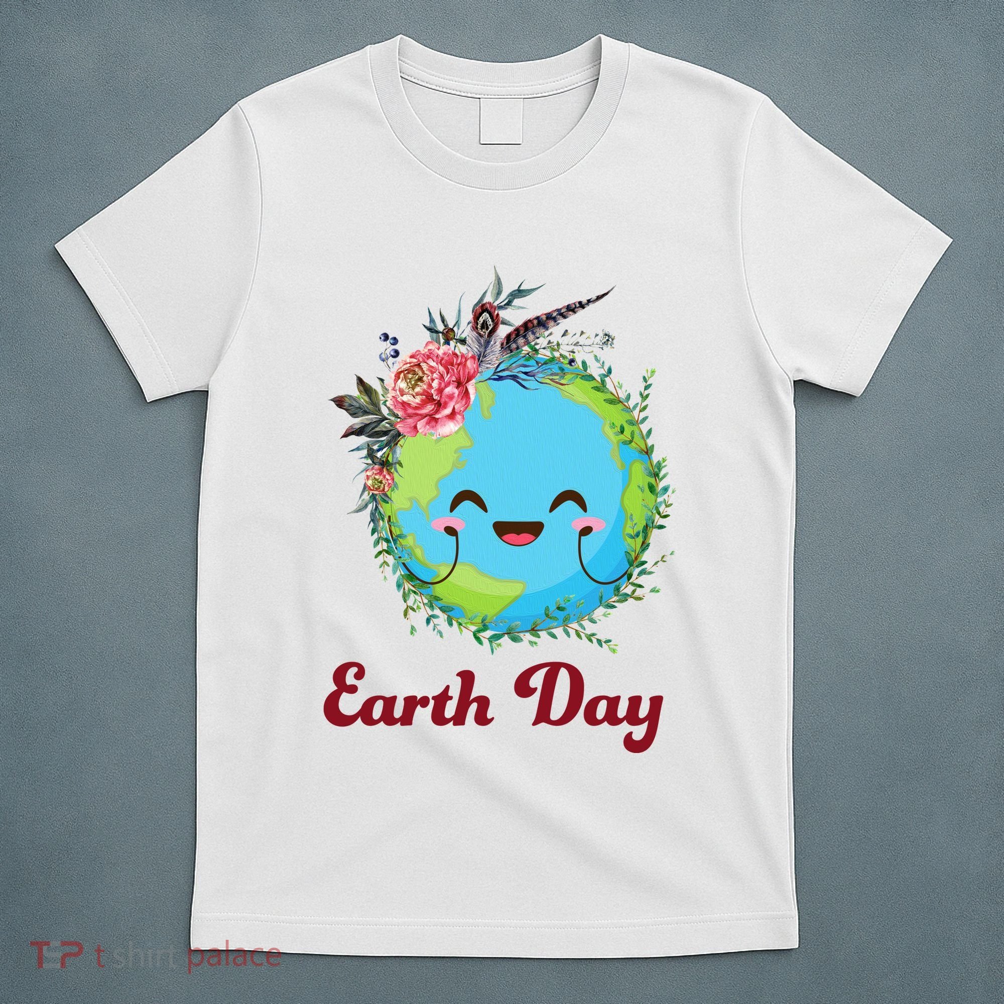 Happy Earth Day Cute Earth With Floral Wreath T-Shirt