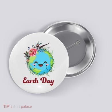 Happy Earth Day Cute Earth With Floral Wreath Button