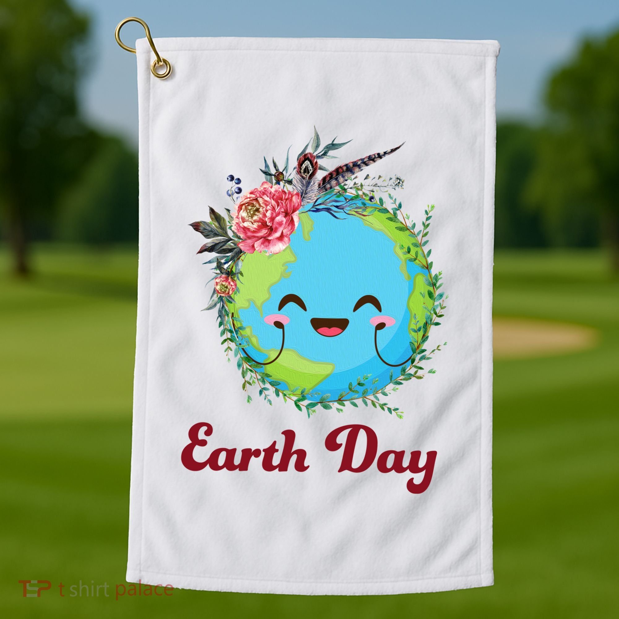 Happy Earth Day Cute Earth With Floral Wreath Golf Towel