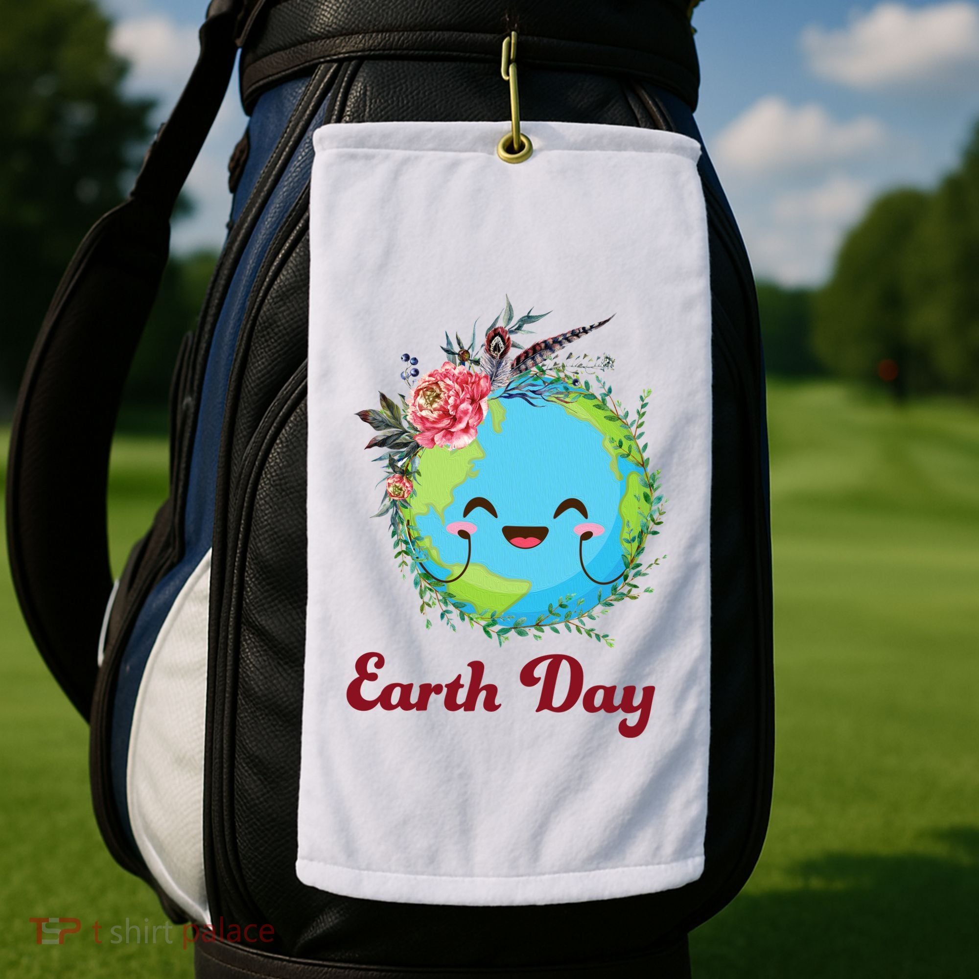 Happy Earth Day Cute Earth With Floral Wreath Golf Towel