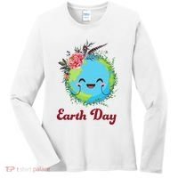Happy Earth Day Cute Earth With Floral Wreath Women's Long Sleeve Shirt thumb 0