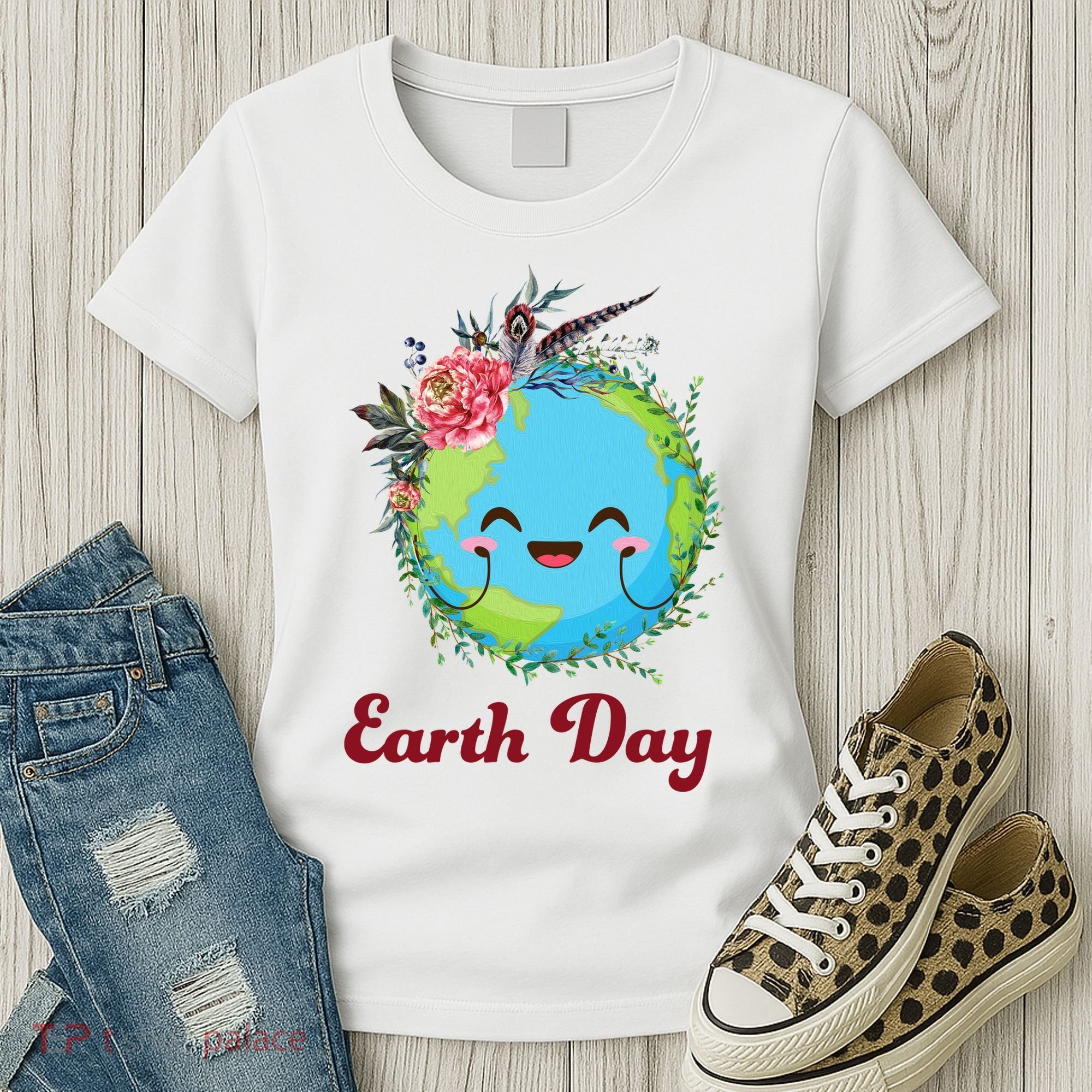Happy Earth Day Cute Earth With Floral Wreath Women's T-Shirt