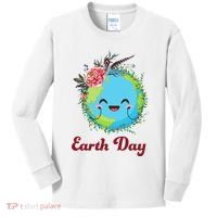 Happy Earth Day Cute Earth With Floral Wreath Kids Long Sleeve Shirt thumb 0