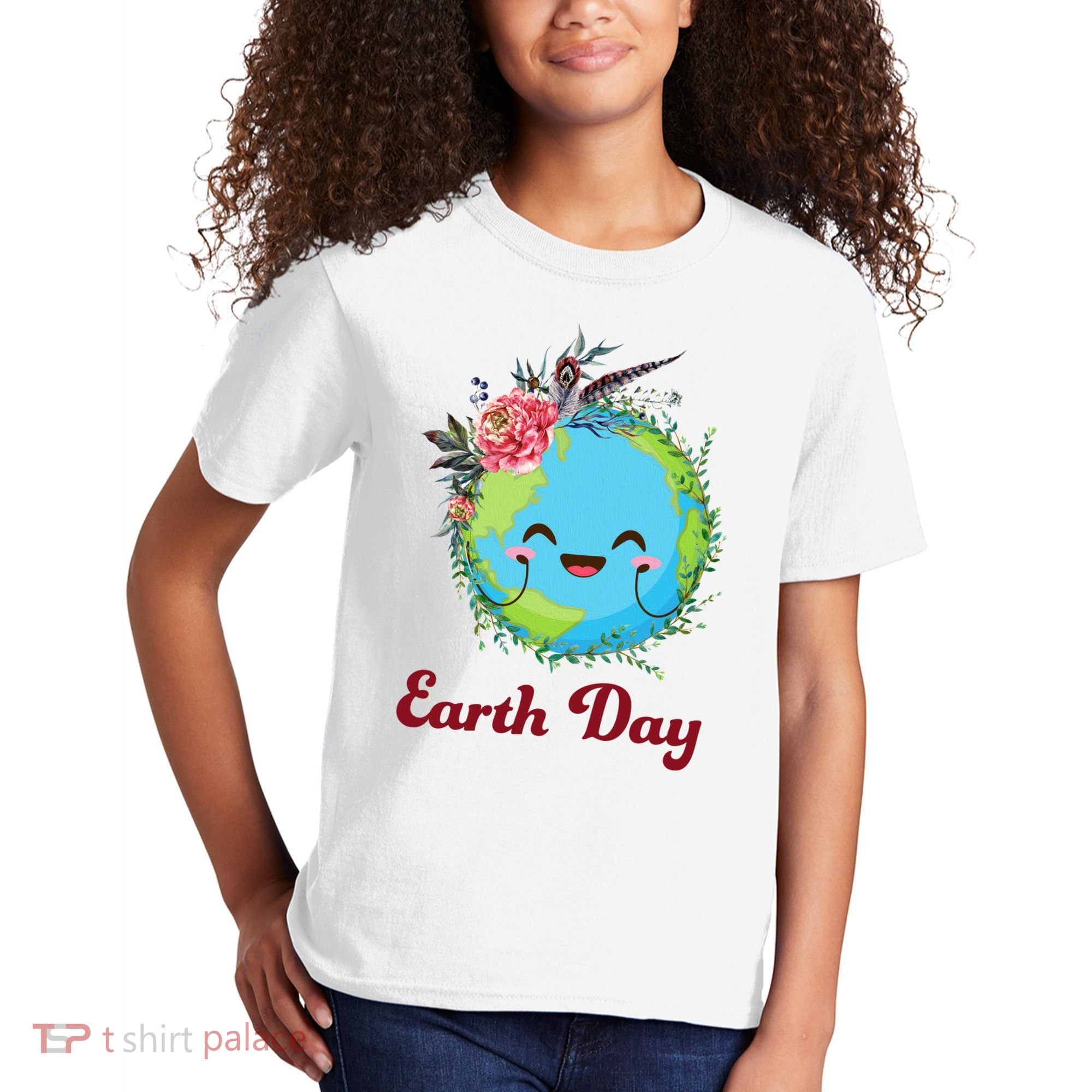 Happy Earth Day Cute Earth With Floral Wreath Kids T-Shirt