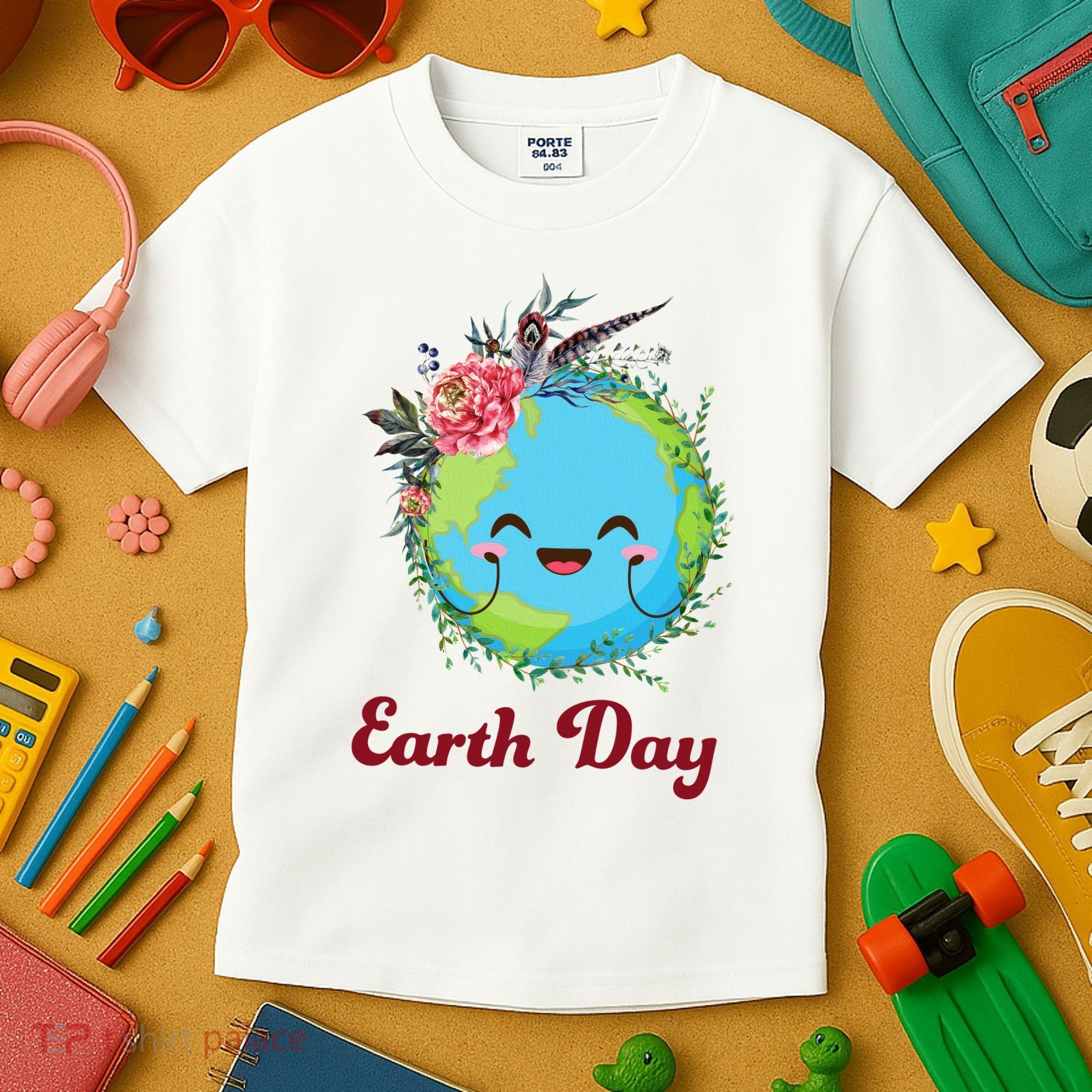 Happy Earth Day Cute Earth With Floral Wreath Kids T-Shirt