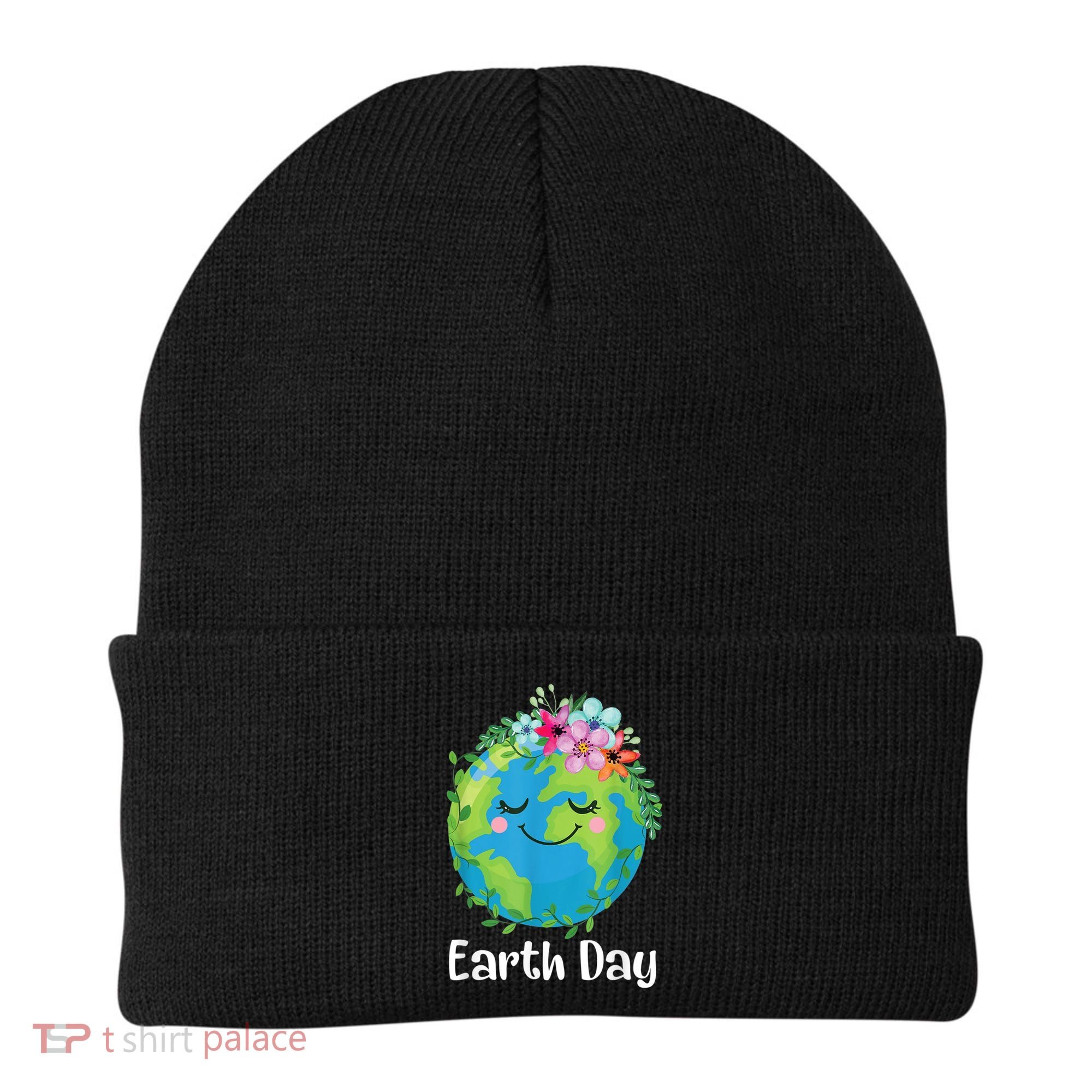 Happy Earth Day Cute Earth With Floral Earth Day Beanie
