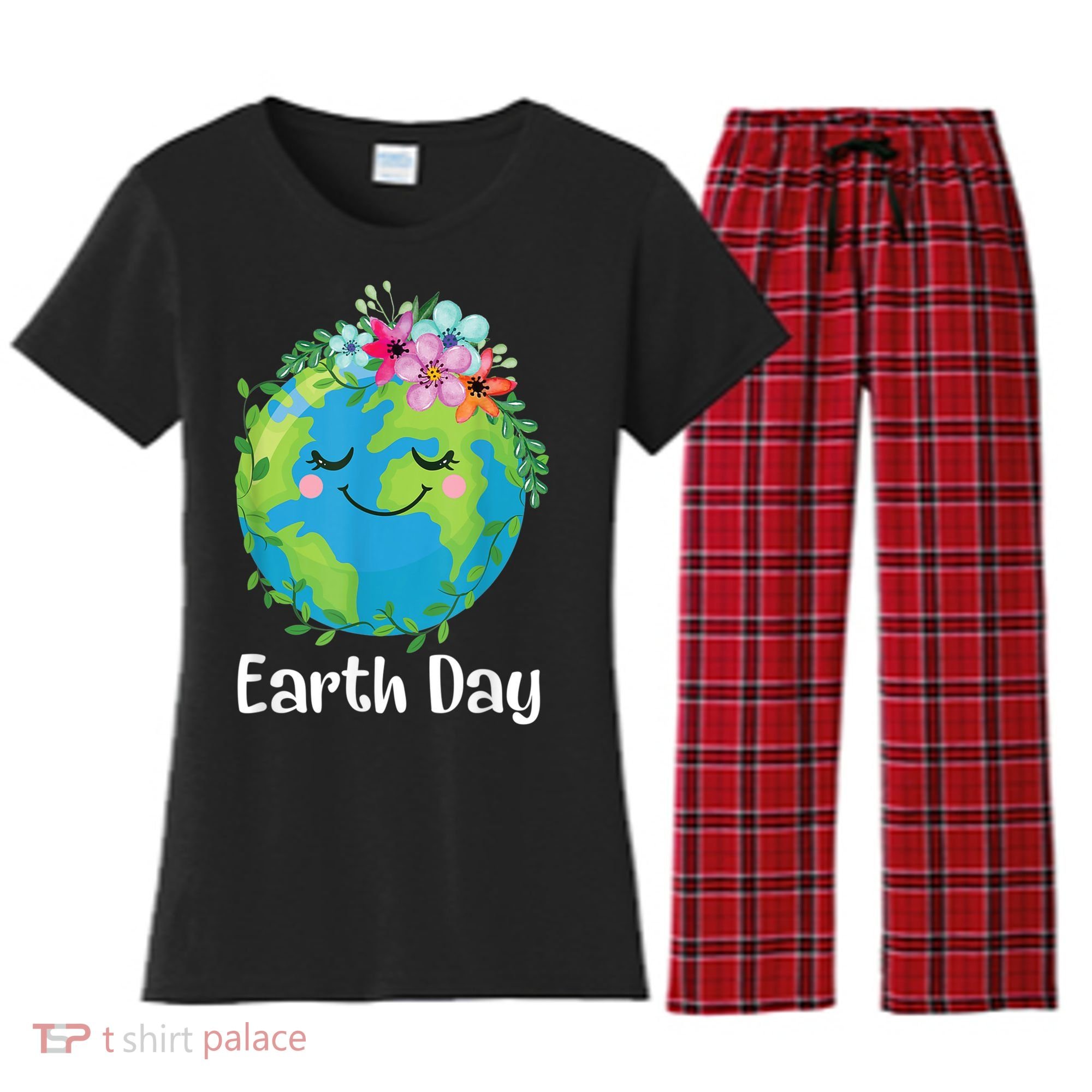 Happy Earth Day Cute Earth With Floral Earth Day Women's Flannel Pajama Set