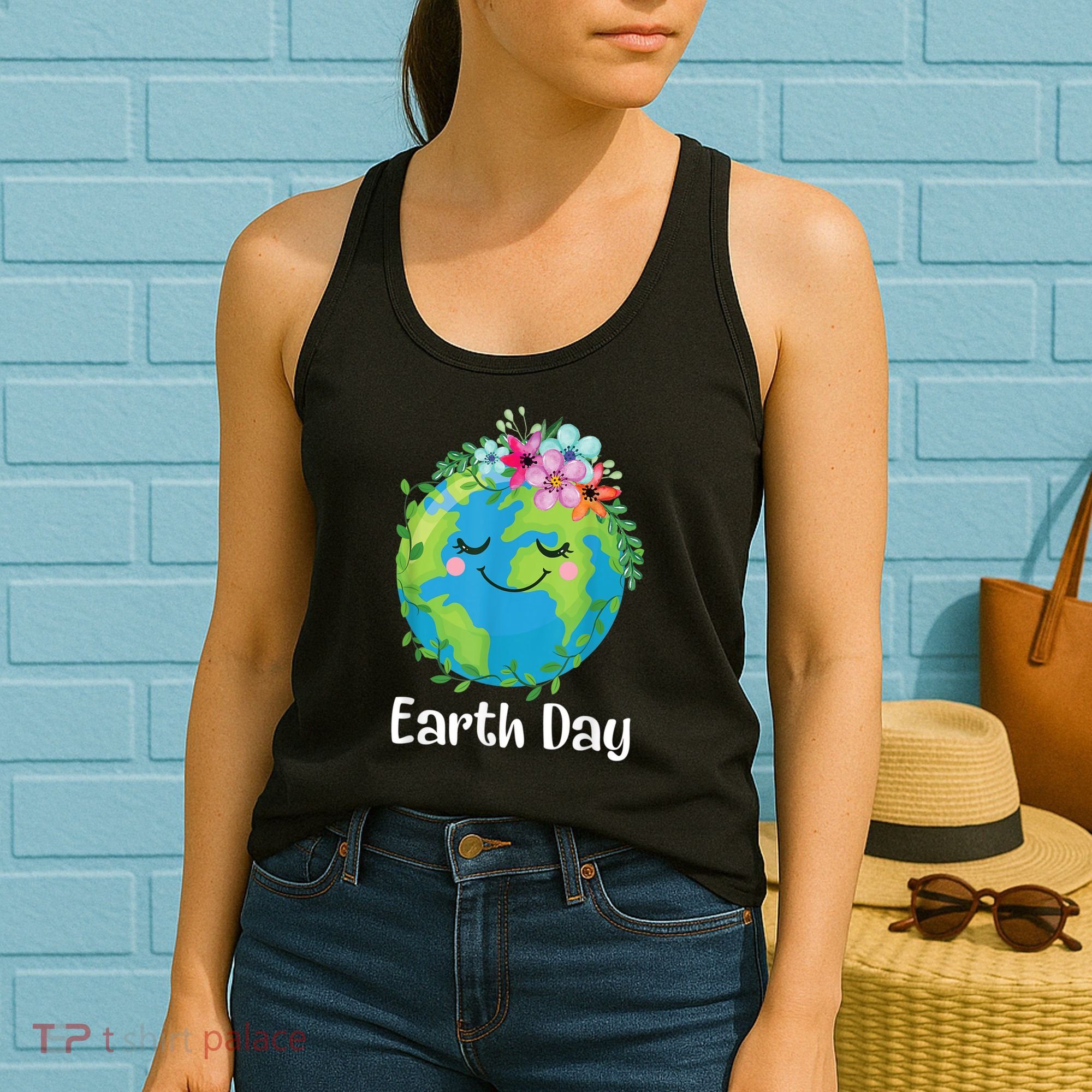 Happy Earth Day Cute Earth With Floral Earth Day Women's Tank Top