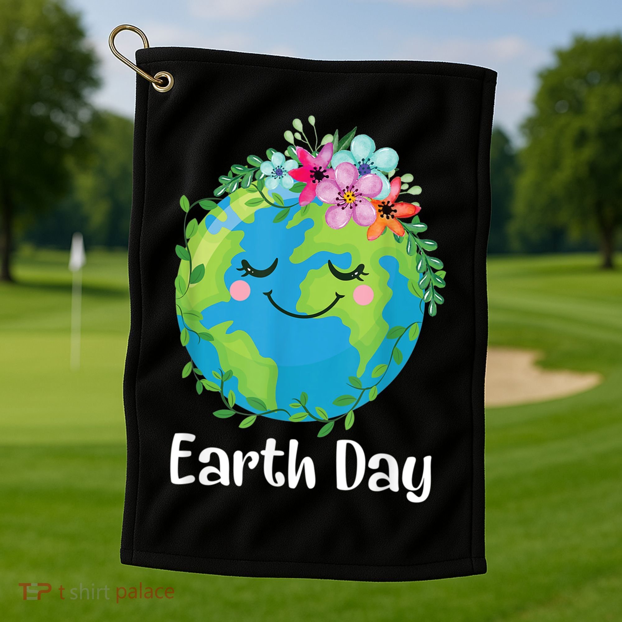 Happy Earth Day Cute Earth With Floral Earth Day Golf Towel
