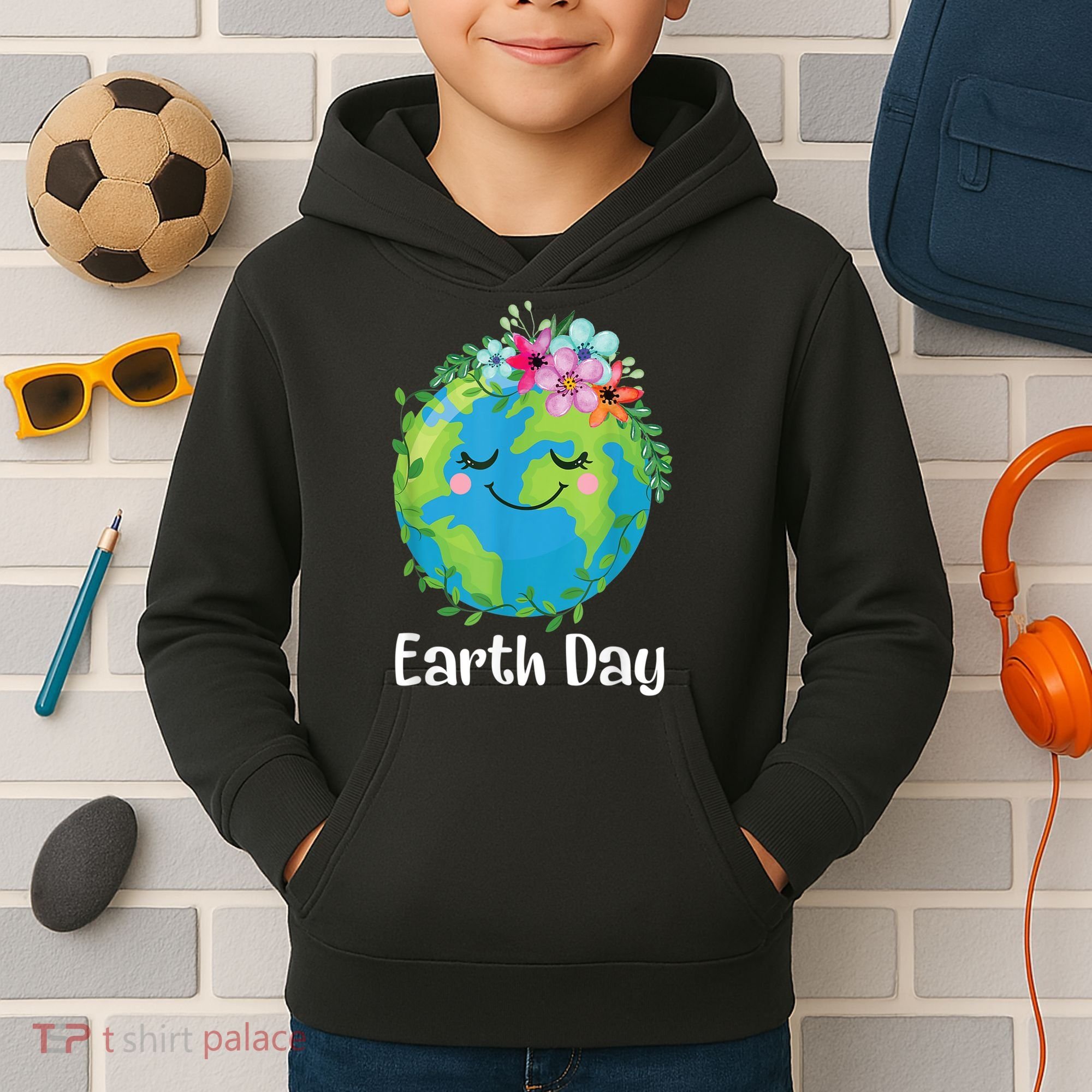 Happy Earth Day Cute Earth With Floral Earth Day Kids Hoodie
